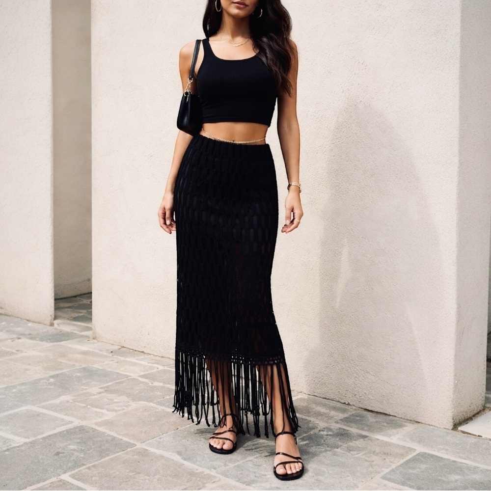 Topshop Black Fringe Maxi Skirt - Women Size 2 Small